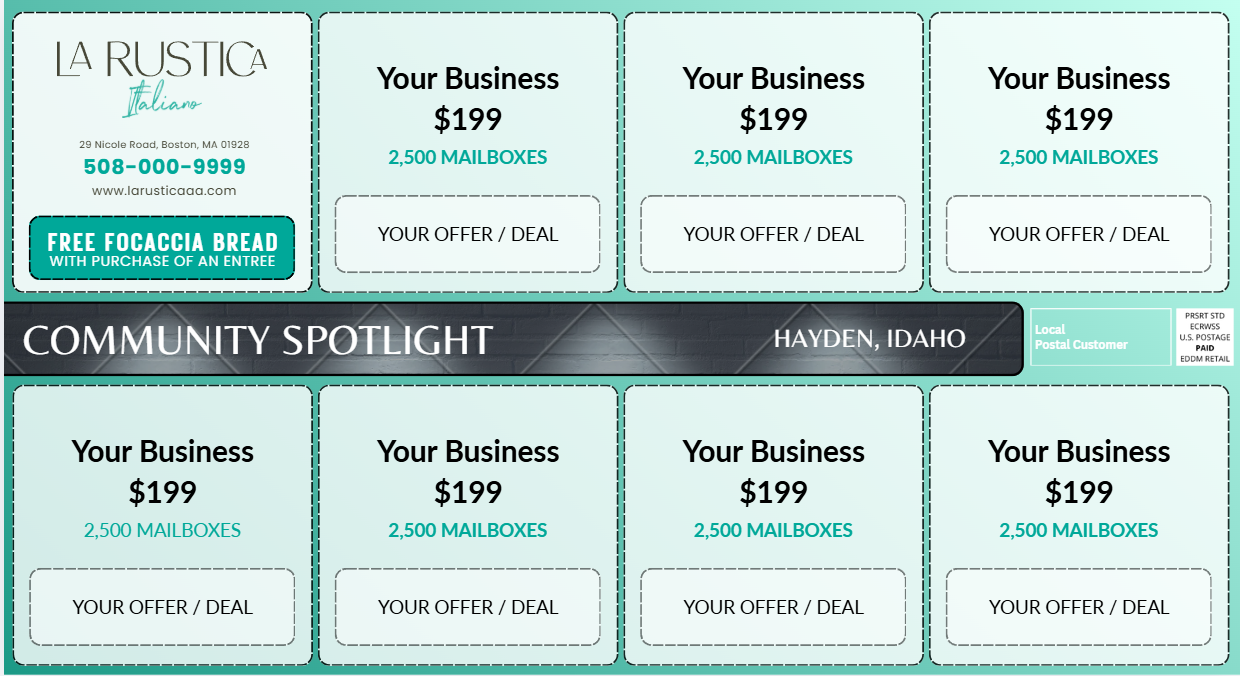 Example Community Card layout: eight rectangular ad slots, four across the top and four across the bottom, arranged around a center banner reading Community Spotlight, Hayden, Idaho. One slot shows a sample restaurant ad; the rest show placeholders reading Your Business, $199, 2,500 mailboxes.